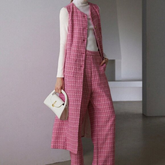 Pink Elegant Women's Tweed Long Sleeveless Cinched Waist Jacket & Pants Set - Picture 5 of 6